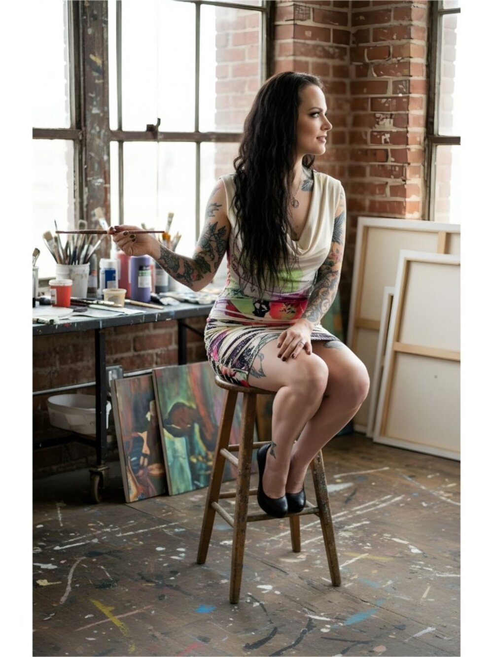 Cesarina ✦ Abstract Multicolor Cowl Neck Dress ✦ Lace Back Ruched Sides S - Picture 7 of 13